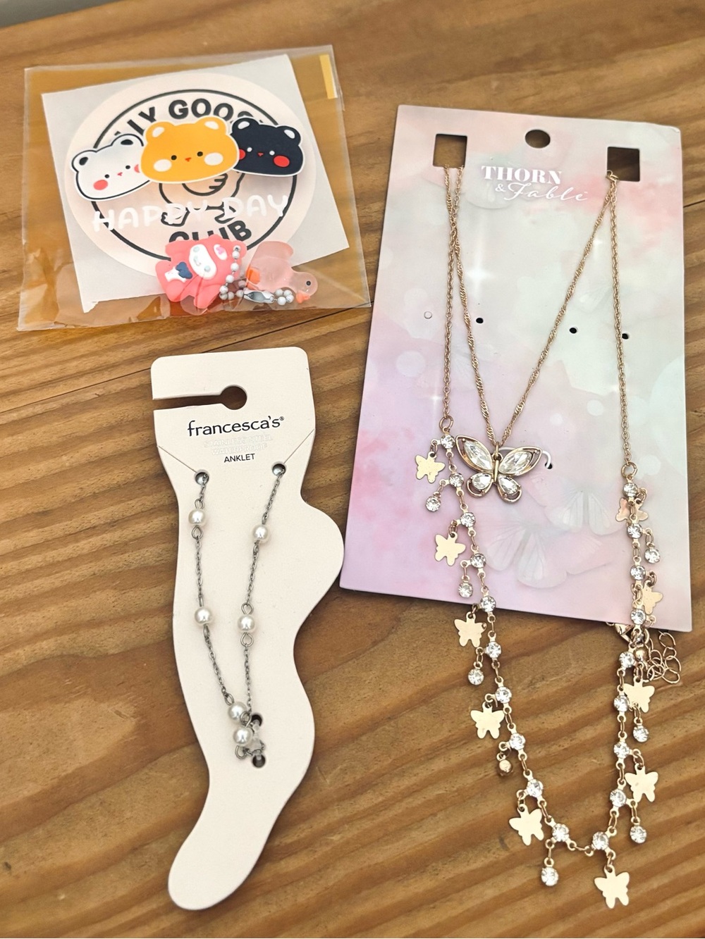 Francesca's Silver Pearl Anklet and Thorn & Fable Gold Butterfly Necklace Set